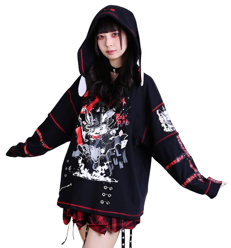 Jillpunk可愛いパンク ハロウィン 原宿系 派手かわ 20周年記念限定 ジョーカーうさぎ魔術師 取り外し可能袖 飾り縫い 2way兎耳 ゆったり長袖パーカー パンクメンズ レディースV系男女兼用ファッション秋葉系カッコいい