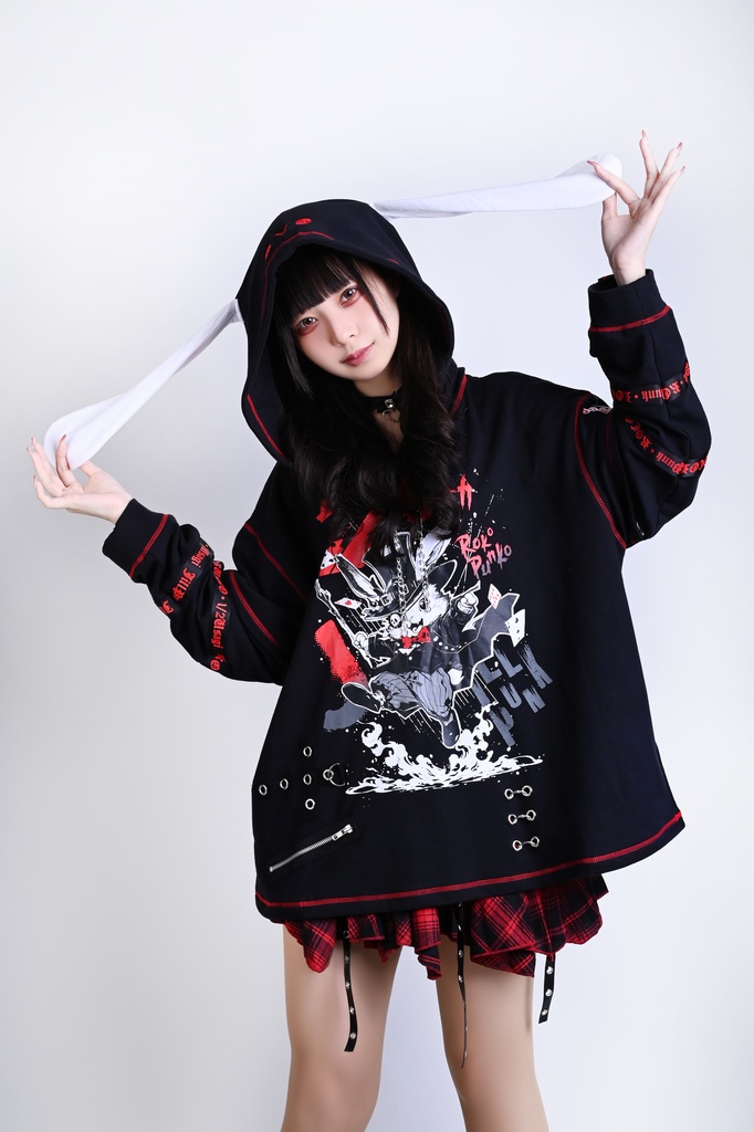 Jillpunk可愛いパンク ハロウィン 原宿系 派手かわ 20周年記念限定 ジョーカーうさぎ魔術師 取り外し可能袖 飾り縫い 2way兎耳 ゆったり長袖パーカー パンクメンズ レディースV系男女兼用ファッション秋葉系カッコいい