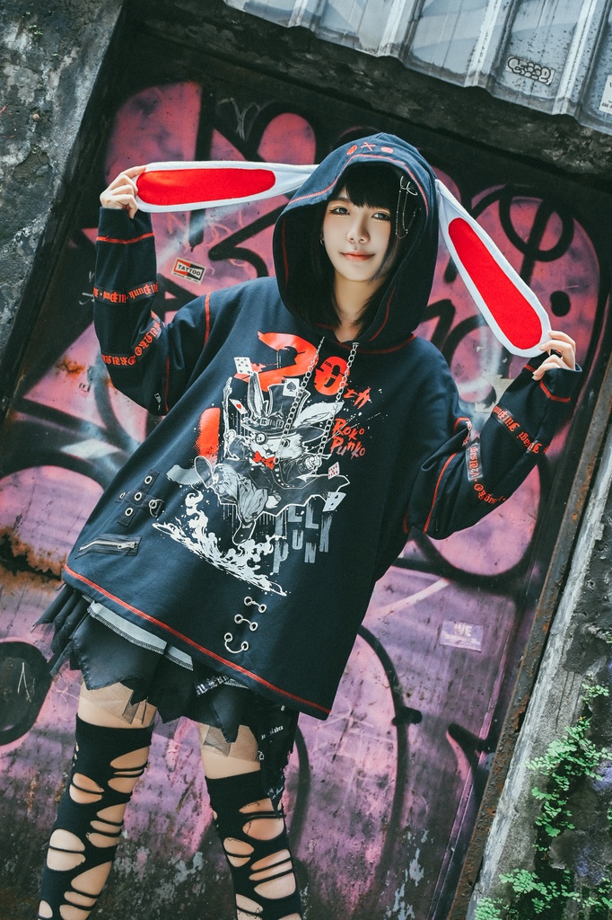 Jillpunk可愛いパンク ハロウィン 原宿系 派手かわ 20周年記念限定 ジョーカーうさぎ魔術師 取り外し可能袖 飾り縫い 2way兎耳 ゆったり長袖パーカー パンクメンズ レディースV系男女兼用ファッション秋葉系カッコいい