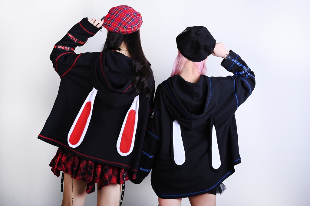 Jillpunk可愛いパンク ハロウィン 原宿系 派手かわ 20周年記念限定 ジョーカーうさぎ魔術師 取り外し可能袖 飾り縫い 2way兎耳 ゆったり長袖パーカー パンクメンズ レディースV系男女兼用ファッション秋葉系カッコいい