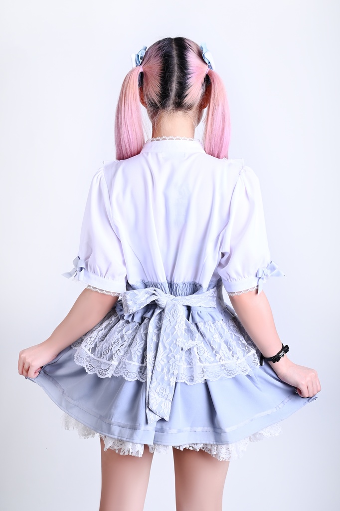 Jillpunk 量産型 天使界隈 ロリータ 魔法少女 星海奇遇 蝶ネクタイ付き 重ね着風 フリル レースアップ ハイウェスト 半袖ワンピース シャツドレス オリジナル 姫系 可愛い おしゃれ ファッション萌え 秋葉原