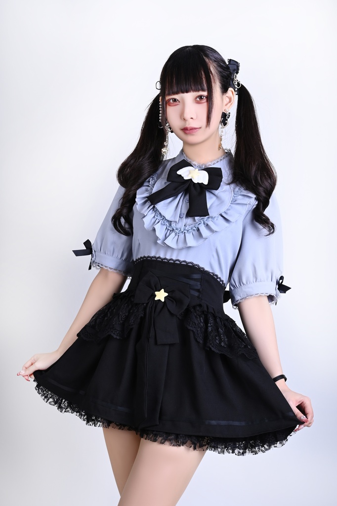 Jillpunk 量産型 天使界隈 ロリータ 魔法少女 星海奇遇 蝶ネクタイ付き 重ね着風 フリル レースアップ ハイウェスト 半袖ワンピース シャツドレス オリジナル 姫系 可愛い おしゃれ ファッション萌え 秋葉原