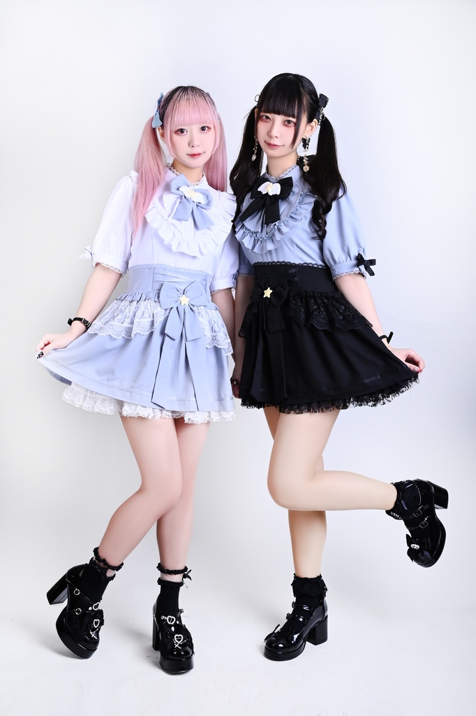 Jillpunk 量産型 天使界隈 ロリータ 魔法少女 星海奇遇 蝶ネクタイ付き 重ね着風 フリル レースアップ ハイウェスト 半袖ワンピース シャツドレス オリジナル 姫系 可愛い おしゃれ ファッション萌え 秋葉原