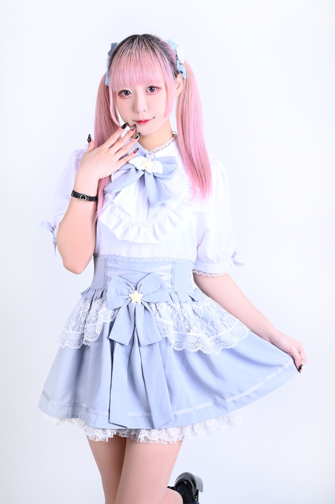 Jillpunk 量産型 天使界隈 ロリータ 魔法少女 星海奇遇 蝶ネクタイ付き 重ね着風 フリル レースアップ ハイウェスト 半袖ワンピース シャツドレス オリジナル 姫系 可愛い おしゃれ ファッション萌え 秋葉原