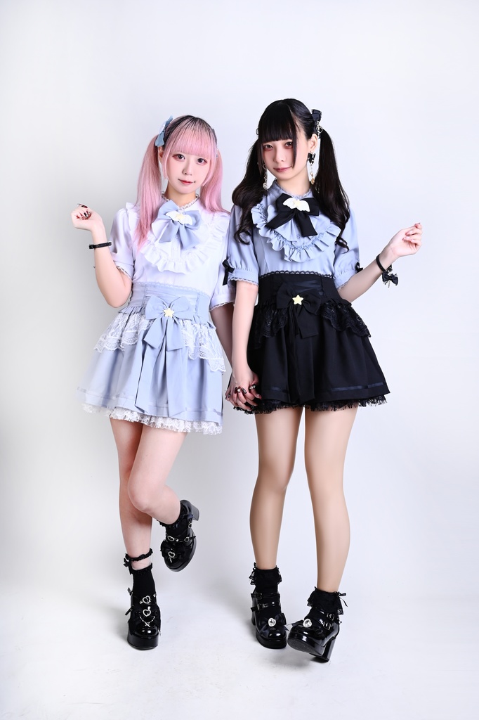 Jillpunk 量産型 天使界隈 ロリータ 魔法少女 星海奇遇 蝶ネクタイ付き 重ね着風 フリル レースアップ ハイウェスト 半袖ワンピース シャツドレス オリジナル 姫系 可愛い おしゃれ ファッション萌え 秋葉原