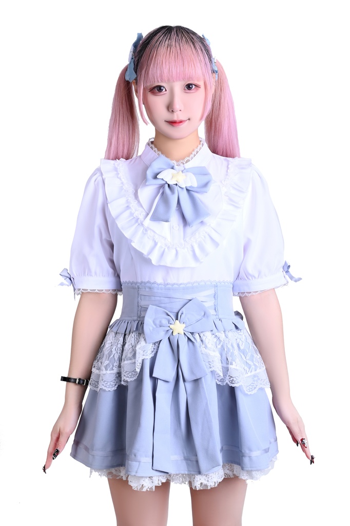 Jillpunk 量産型 天使界隈 ロリータ 魔法少女 星海奇遇 蝶ネクタイ付き 重ね着風 フリル レースアップ ハイウェスト 半袖ワンピース シャツドレス オリジナル 姫系 可愛い おしゃれ ファッション萌え 秋葉原