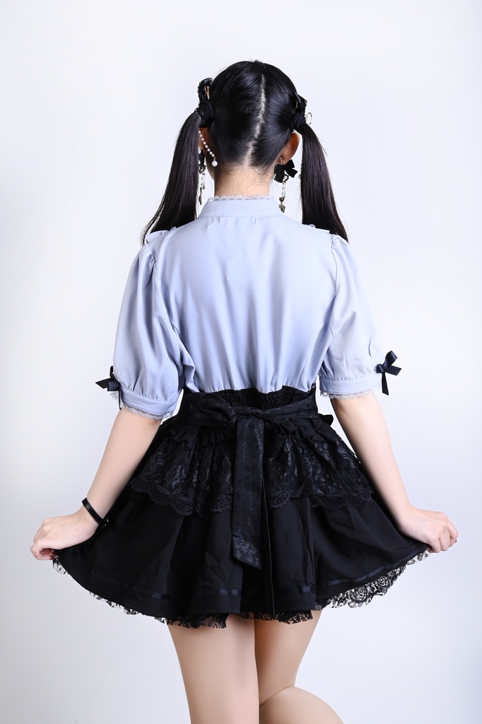 Jillpunk 量産型 天使界隈 ロリータ 魔法少女 星海奇遇 蝶ネクタイ付き 重ね着風 フリル レースアップ ハイウェスト 半袖ワンピース シャツドレス オリジナル 姫系 可愛い おしゃれ ファッション萌え 秋葉原