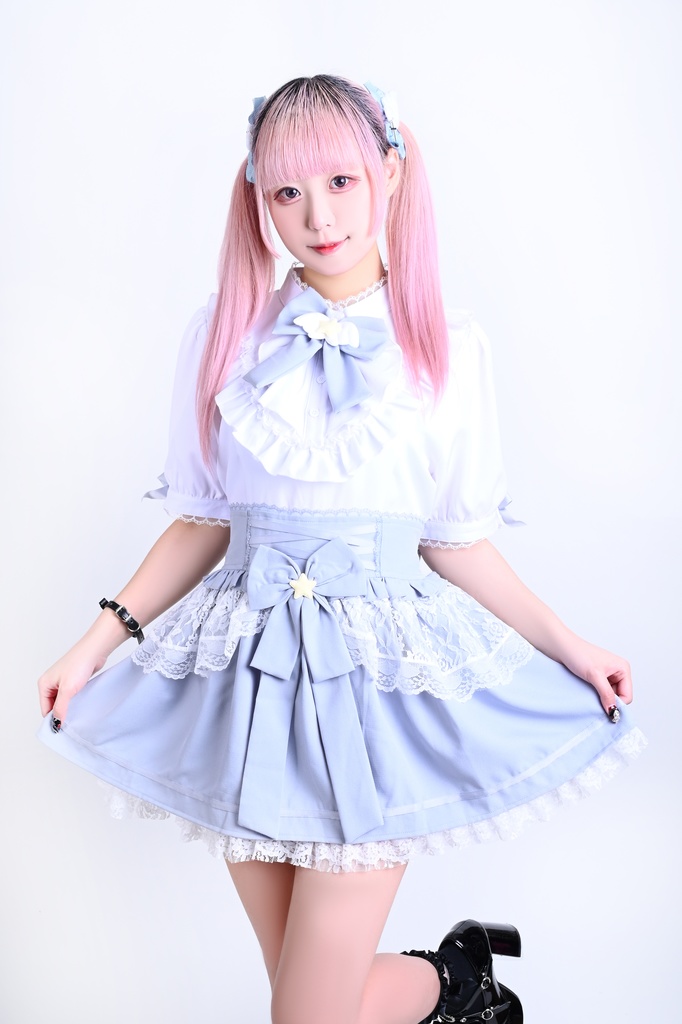 Jillpunk 量産型 天使界隈 ロリータ 魔法少女 星海奇遇 蝶ネクタイ付き 重ね着風 フリル レースアップ ハイウェスト 半袖ワンピース シャツドレス オリジナル 姫系 可愛い おしゃれ ファッション萌え 秋葉原