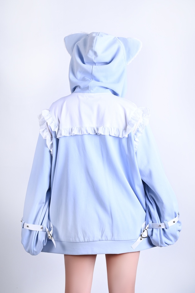 Jillpunkアニメ界隈 地雷系 水色系統 エンジェル猫ちゃん 派手カワ リボン ラインストーン 蝶ネクタイ付き 肩出し フリル ゆったり 猫耳長袖パーカー フード付きジャケット 美少女 オリジナル 天使可愛い おしゃれ ファッション 原宿系