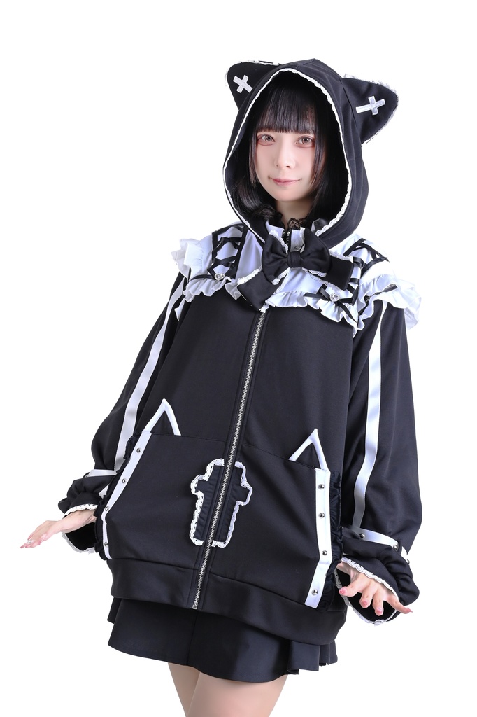 Jillpunkアニメ界隈 地雷系 水色系統 エンジェル猫ちゃん 派手カワ リボン ラインストーン 蝶ネクタイ付き 肩出し フリル ゆったり 猫耳長袖パーカー フード付きジャケット 美少女 オリジナル 天使可愛い おしゃれ ファッション 原宿系