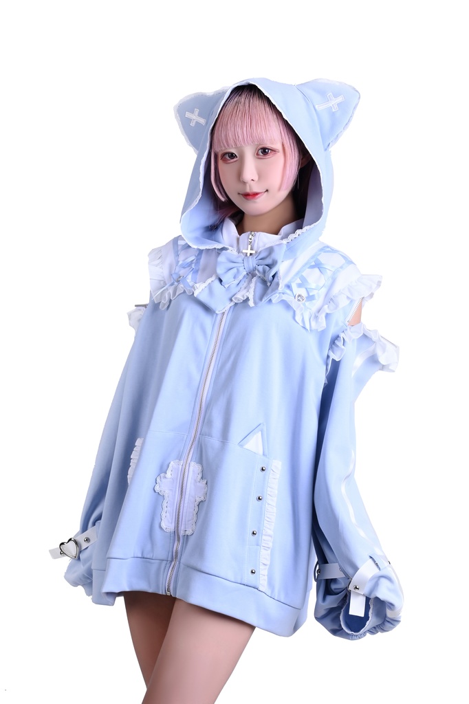 Jillpunkアニメ界隈 地雷系 水色系統 エンジェル猫ちゃん 派手カワ リボン ラインストーン 蝶ネクタイ付き 肩出し フリル ゆったり 猫耳長袖パーカー フード付きジャケット 美少女 オリジナル 天使可愛い おしゃれ ファッション 原宿系