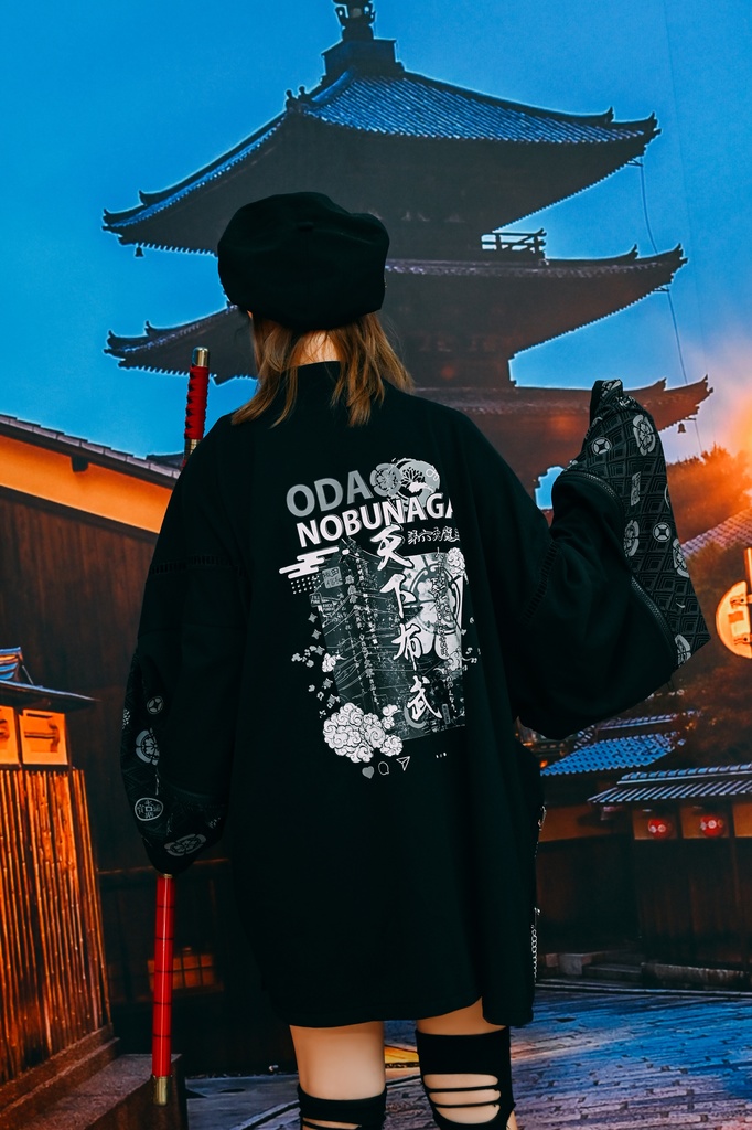 Jillpunk 和風モード 戦国武将物語 第六天魔王 織田信長 武将譚 家紋刺繡 取り除く可能袖 振袖現代甚平 和装ジャケット オリジナル メンズ レディー V系 カッコいい おしゃれ 男女兼用ファッション