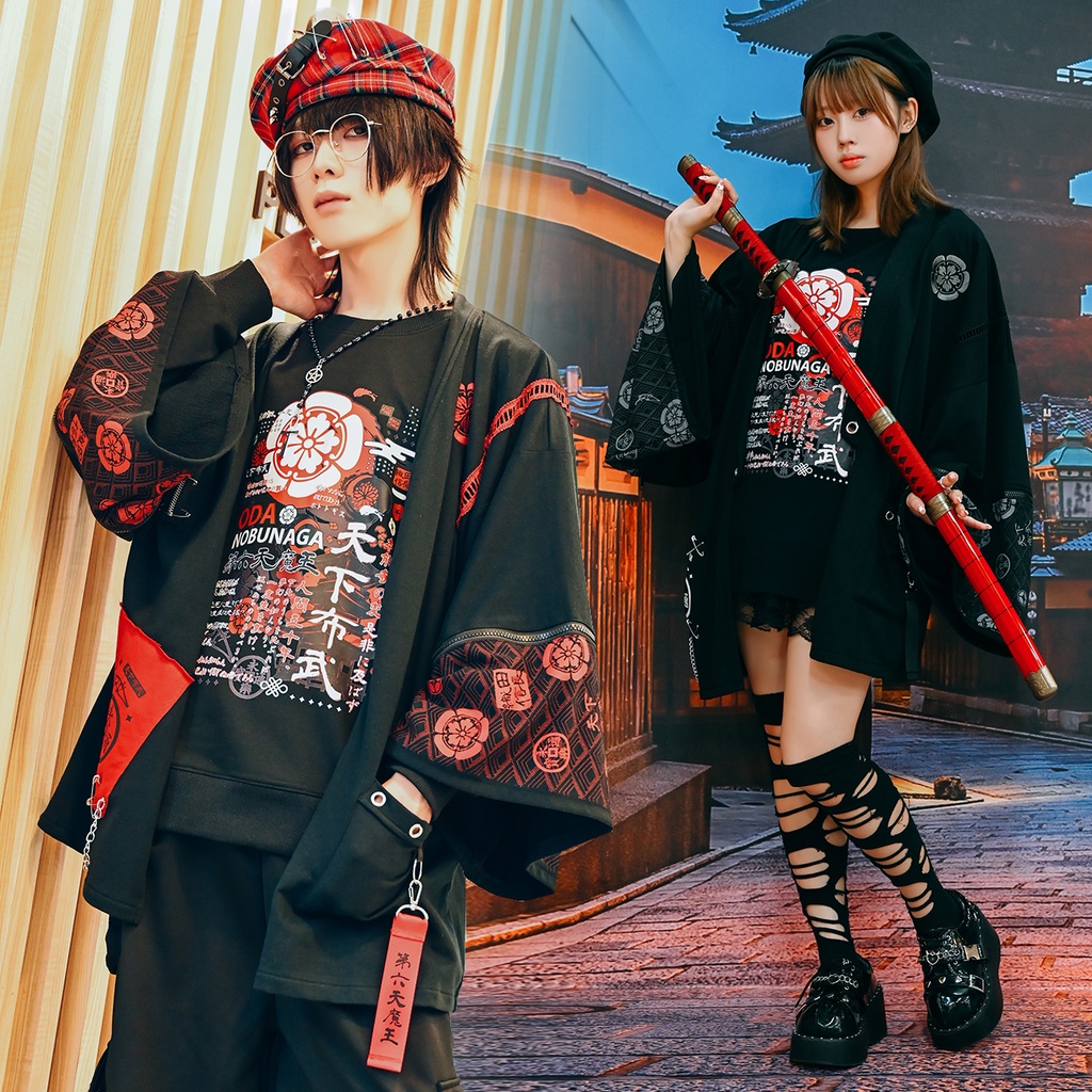 Jillpunk 和風モード 戦国武将物語 第六天魔王 織田信長 武将譚 家紋刺繡 取り除く可能袖 振袖現代甚平 和装ジャケット オリジナル メンズ レディー V系 カッコいい おしゃれ 男女兼用ファッション