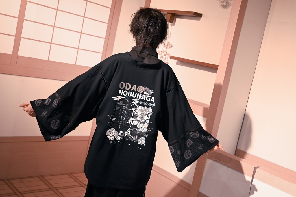 Jillpunk 和風モード 戦国武将物語 第六天魔王 織田信長 武将譚 家紋刺繡 取り除く可能袖 振袖現代甚平 和装ジャケット オリジナル メンズ レディー V系 カッコいい おしゃれ 男女兼用ファッション