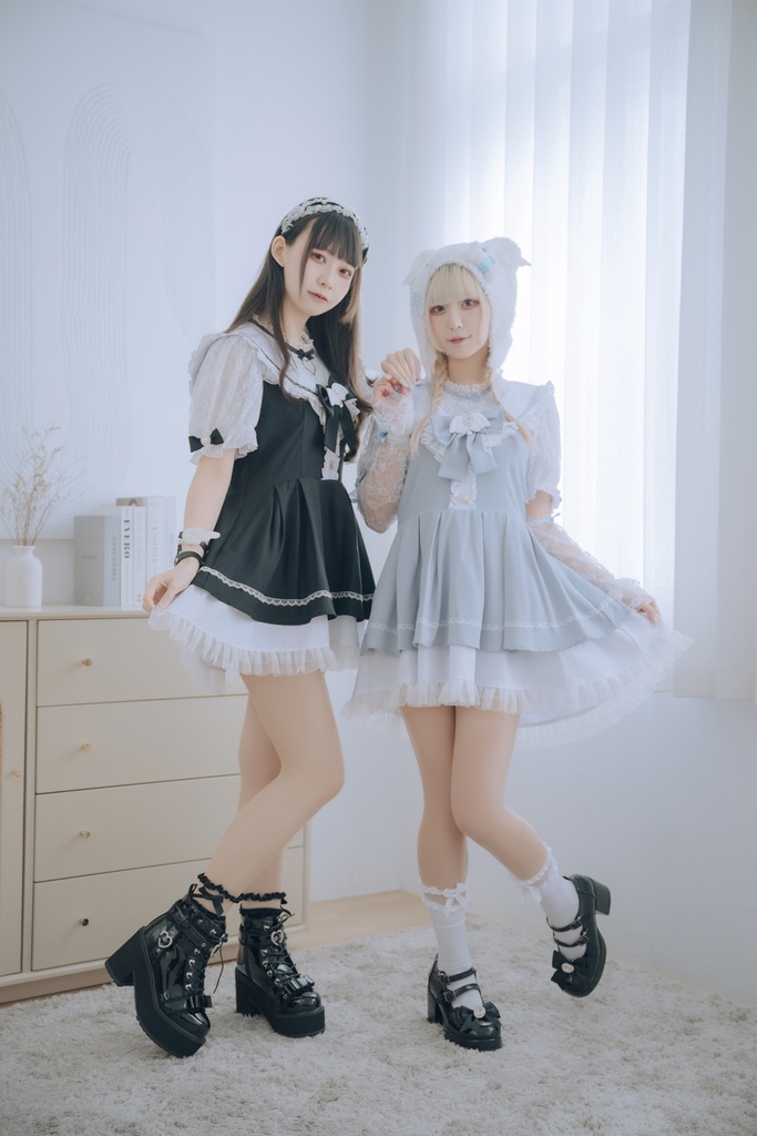 Jillpunk 量産型 地雷系 天使界隈 ロリータ 魔法少女 恋愛魔法使 蝶ネクタイ付き フリル 透けレース ハイネック 半袖セーラーワンピース シャツドレス オリジナル 姫系 可愛い おしゃれ ファッション萌え 秋葉原