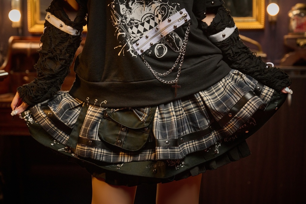 Jillpunk 恋の幻想日 NANA パンクロック バンギャ エモパンク タータンチェック柄 ウェストバッグ付き ティアード 2層ボリューム ショートスカート レッグウォーマーセット オリジナルスタイル レディーズ V系 おしゃれ カッコいい