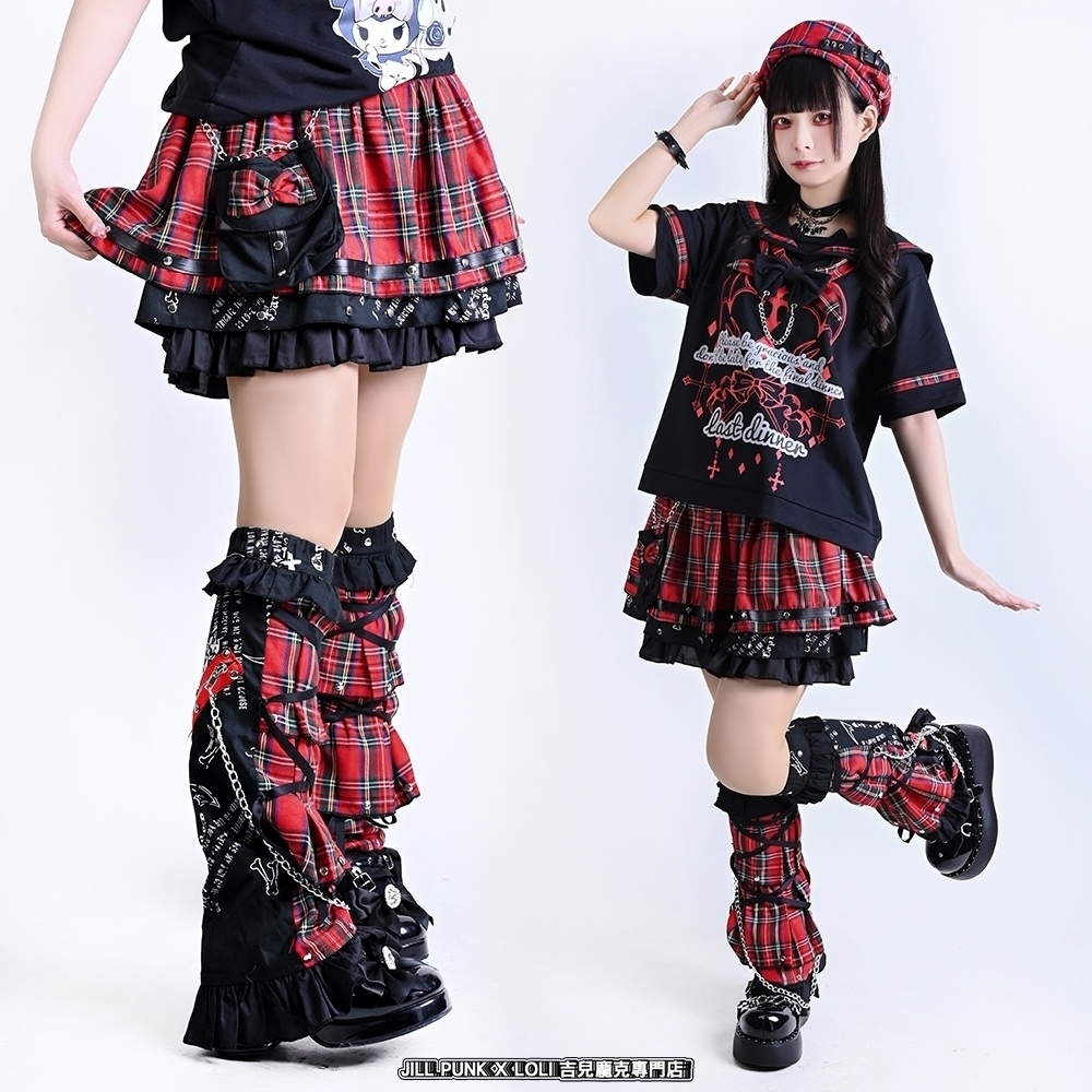 Jillpunk 恋の幻想日 NANA パンクロック バンギャ エモパンク タータンチェック柄 ウェストバッグ付き ティアード 2層ボリューム ショートスカート レッグウォーマーセット オリジナルスタイル レディーズ V系 おしゃれ カッコいい