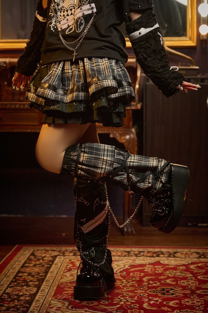 Jillpunk 恋の幻想日 NANA パンクロック バンギャ エモパンク タータンチェック柄 ウェストバッグ付き ティアード 2層ボリューム ショートスカート レッグウォーマーセット オリジナルスタイル レディーズ V系 おしゃれ カッコいい