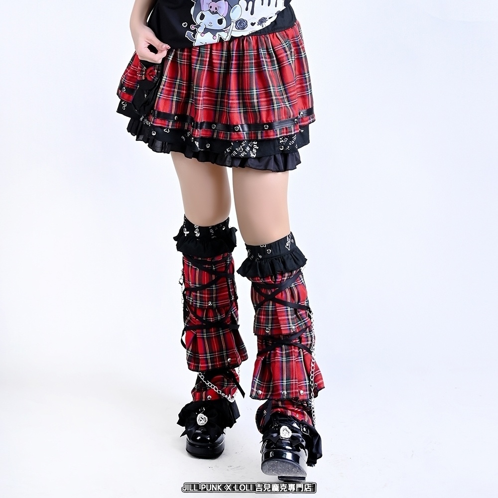 Jillpunk 恋の幻想日 NANA パンクロック バンギャ エモパンク タータンチェック柄 ウェストバッグ付き ティアード 2層ボリューム ショートスカート レッグウォーマーセット オリジナルスタイル レディーズ V系 おしゃれ カッコいい