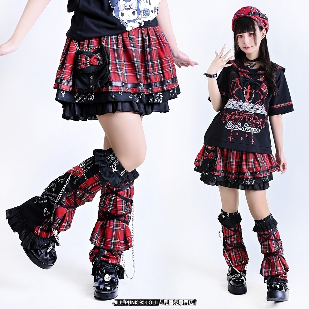 Jillpunk 恋の幻想日 NANA パンクロック バンギャ エモパンク タータンチェック柄 ウェストバッグ付き ティアード 2層ボリューム ショートスカート レッグウォーマーセット オリジナルスタイル レディーズ V系 おしゃれ カッコいい