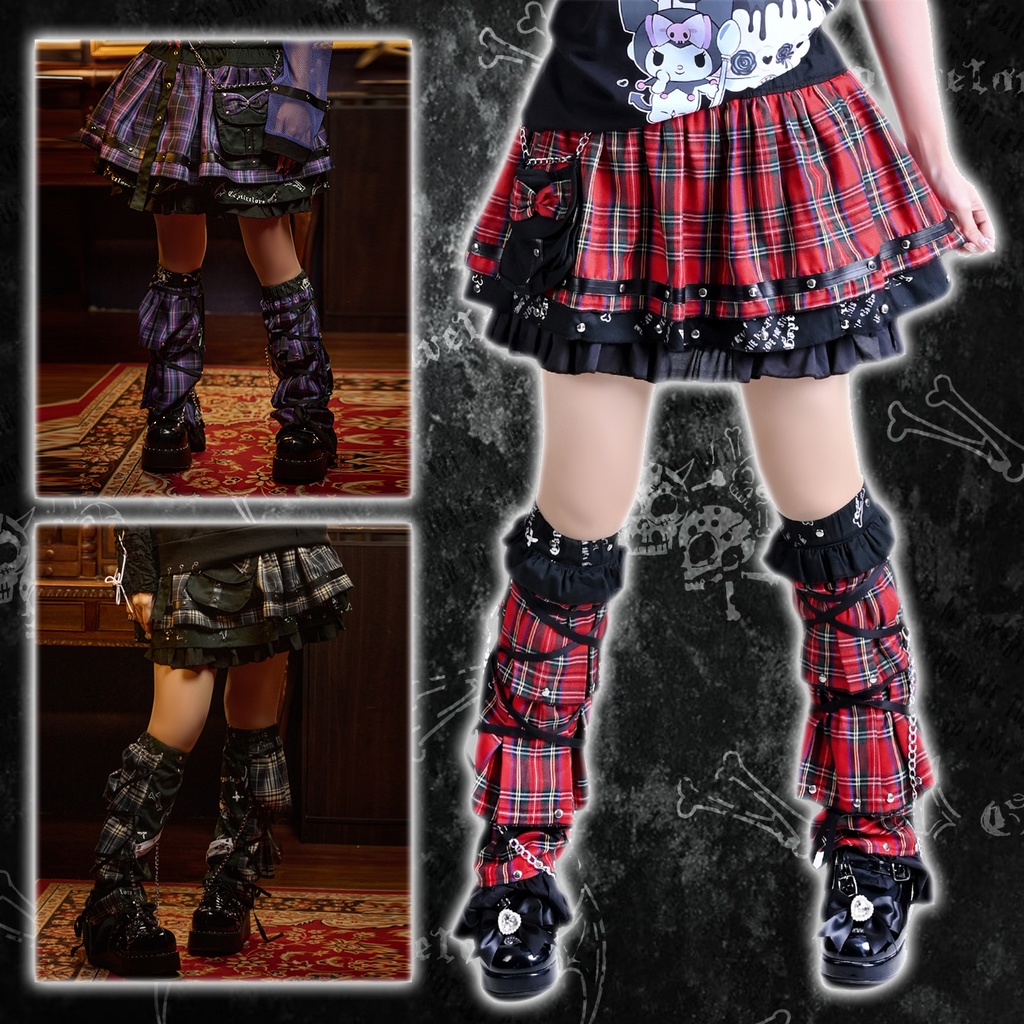 Jillpunk 恋の幻想日 NANA パンクロック バンギャ エモパンク タータンチェック柄 ウェストバッグ付き ティアード 2層ボリューム ショートスカート レッグウォーマーセット オリジナルスタイル レディーズ V系 おしゃれ カッコいい