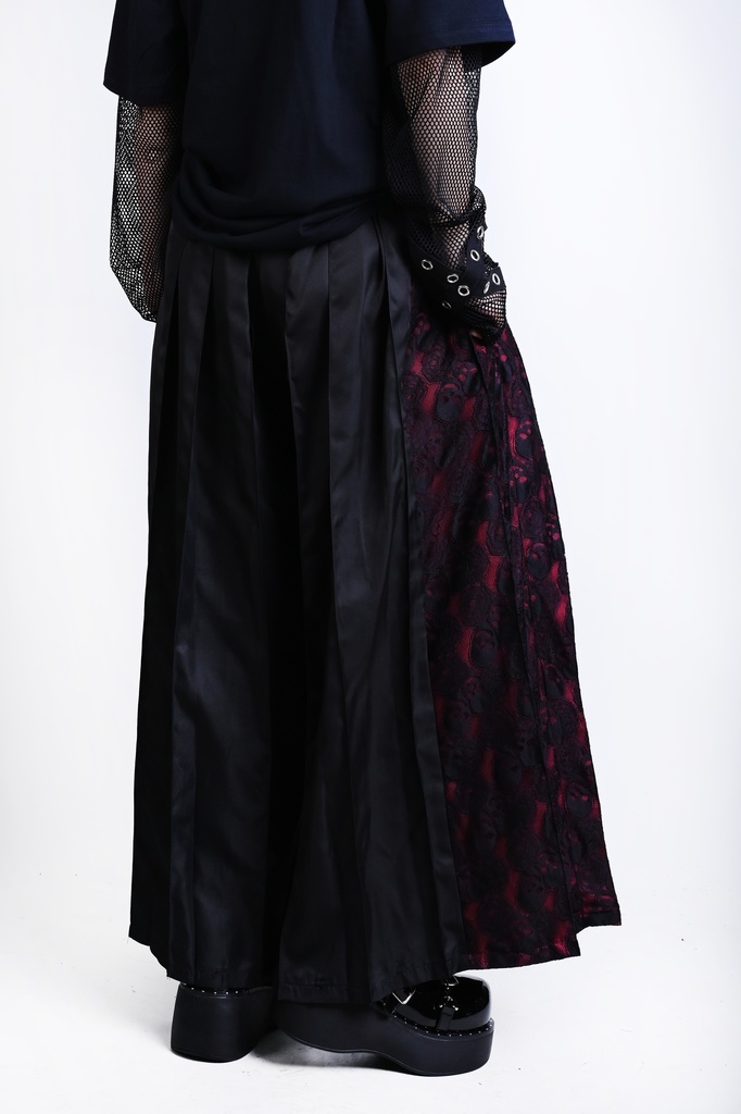 Jillpunk和風モード チャイナ風 曼珠沙華彼岸花 浪人侍 ドレープ袴 ゆるい ドクロレース タッセル付き ワイド バギー剣道パンツ プリーツロング丈ズボン オリジナルパンク メンズ レディース V系 秋葉系 おしゃれ ヴィジュアル系