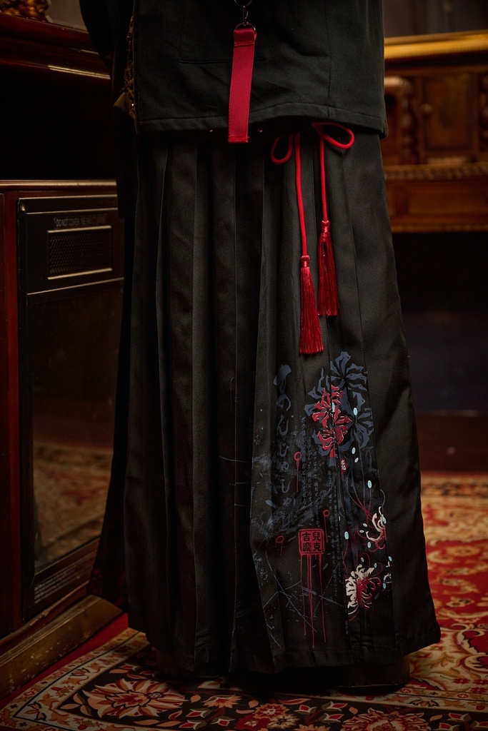 Jillpunk和風モード チャイナ風 曼珠沙華彼岸花 浪人侍 ドレープ袴 ゆるい ドクロレース タッセル付き ワイド バギー剣道パンツ プリーツロング丈ズボン オリジナルパンク メンズ レディース V系 秋葉系 おしゃれ ヴィジュアル系