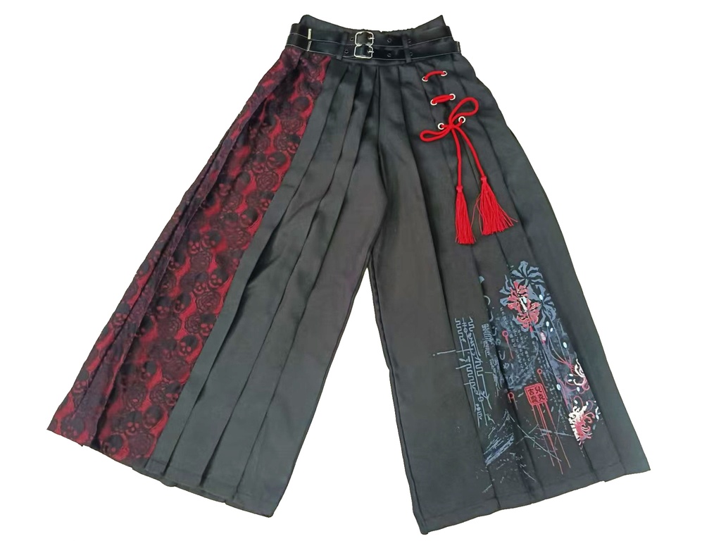 Jillpunk和風モード チャイナ風 曼珠沙華彼岸花 浪人侍 ドレープ袴 ゆるい ドクロレース タッセル付き ワイド バギー剣道パンツ プリーツロング丈ズボン オリジナルパンク メンズ レディース V系 秋葉系 おしゃれ ヴィジュアル系