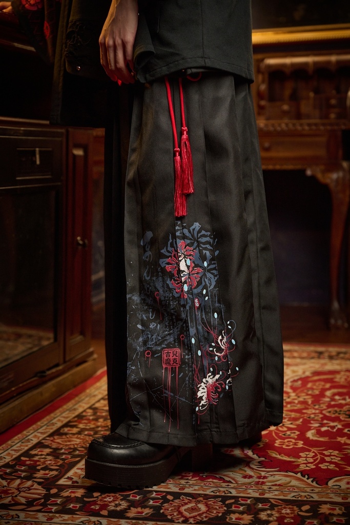Jillpunk和風モード チャイナ風 曼珠沙華彼岸花 浪人侍 ドレープ袴 ゆるい ドクロレース タッセル付き ワイド バギー剣道パンツ プリーツロング丈ズボン オリジナルパンク メンズ レディース V系 秋葉系 おしゃれ ヴィジュアル系
