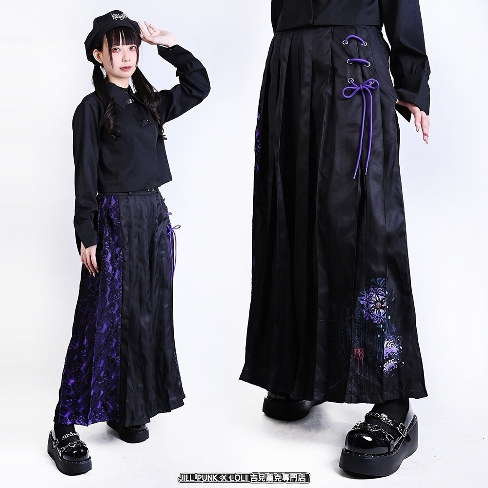 Jillpunk和風モード チャイナ風 曼珠沙華彼岸花 浪人侍 ドレープ袴 ゆるい ドクロレース タッセル付き ワイド バギー剣道パンツ プリーツロング丈ズボン オリジナルパンク メンズ レディース V系 秋葉系 おしゃれ ヴィジュアル系