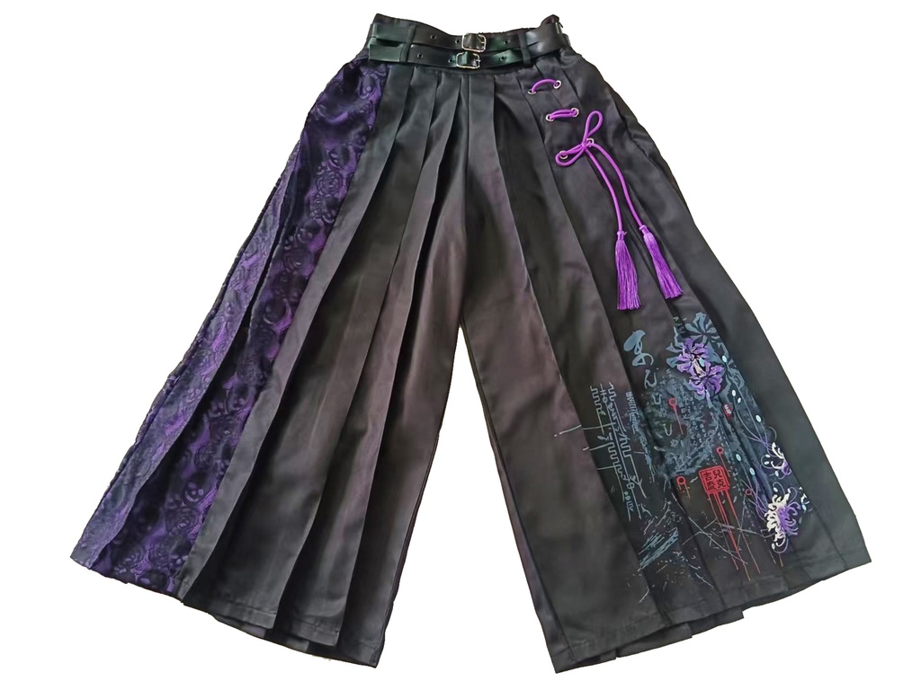 Jillpunk和風モード チャイナ風 曼珠沙華彼岸花 浪人侍 ドレープ袴 ゆるい ドクロレース タッセル付き ワイド バギー剣道パンツ プリーツロング丈ズボン オリジナルパンク メンズ レディース V系 秋葉系 おしゃれ ヴィジュアル系