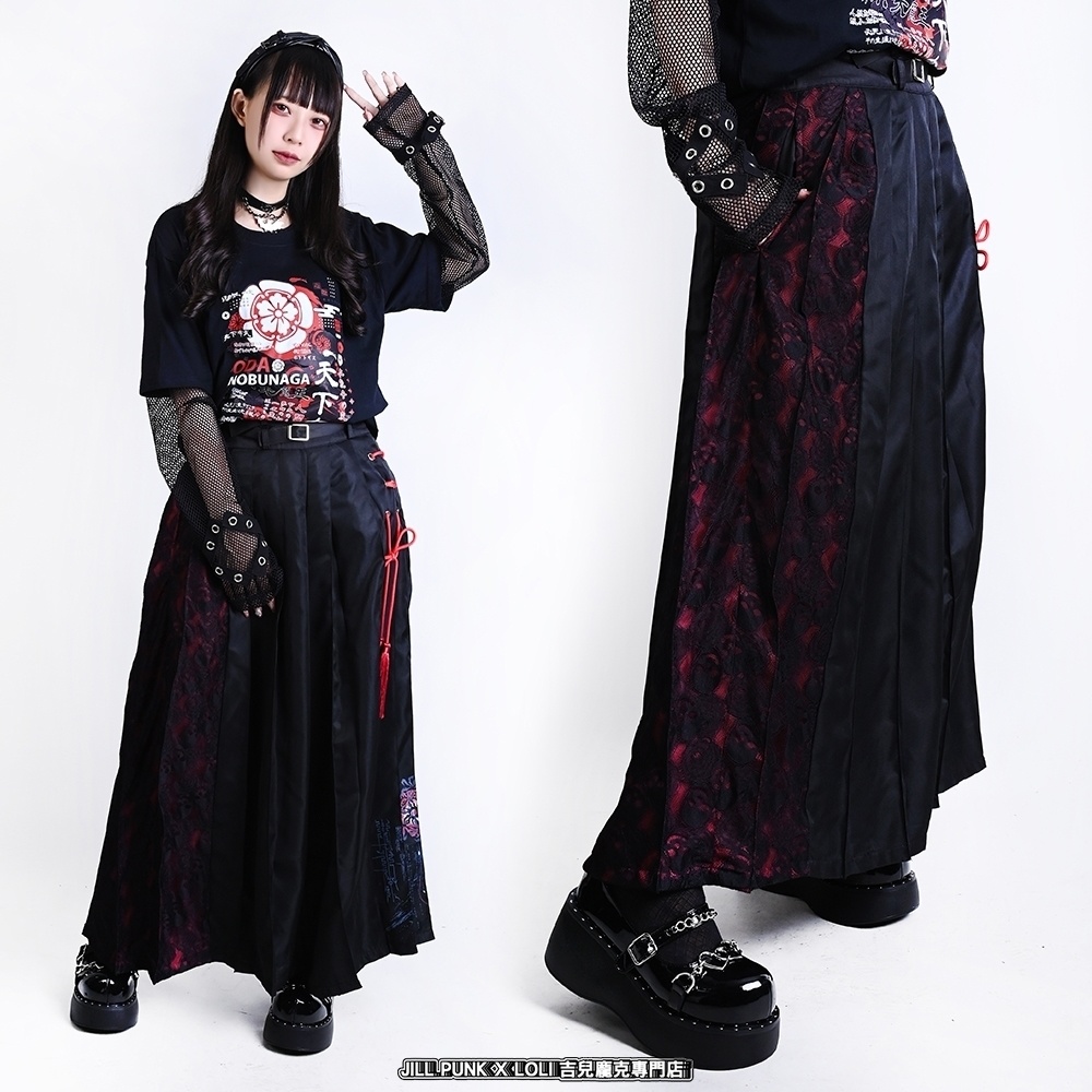 Jillpunk和風モード チャイナ風 曼珠沙華彼岸花 浪人侍 ドレープ袴 ゆるい ドクロレース タッセル付き ワイド バギー剣道パンツ プリーツロング丈ズボン オリジナルパンク メンズ レディース V系 秋葉系 おしゃれ ヴィジュアル系