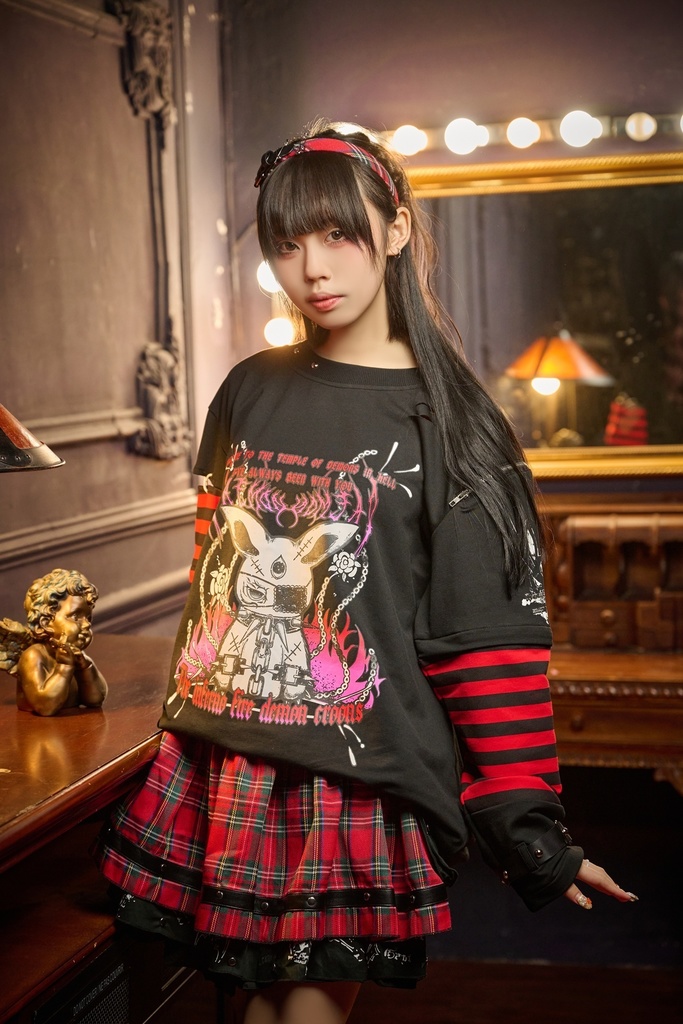 Jillpunk 可愛いパンク パラサイト兎 パンクロック ボーダー タータンチェック柄 漁網メッシュ ダメージ加工 ゆったり 取り外し可能な袖 長袖Tシャツ カットソー オリジナル メンズ レディー V系 おしゃれ カッコいい 男女兼用