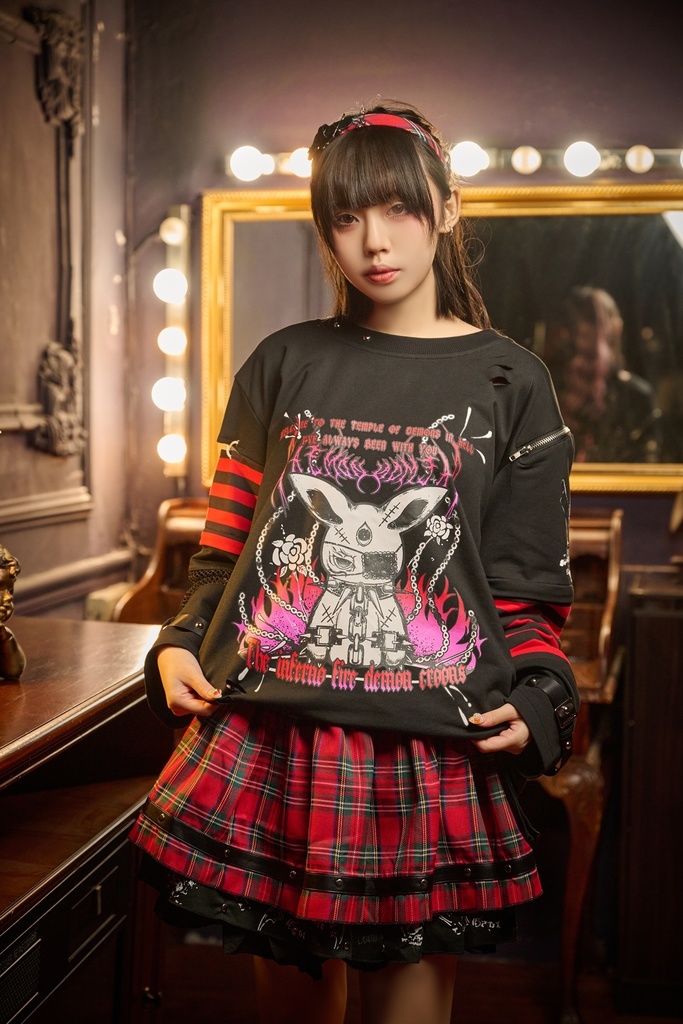 Jillpunk 可愛いパンク パラサイト兎 パンクロック ボーダー タータンチェック柄 漁網メッシュ ダメージ加工 ゆったり 取り外し可能な袖 長袖Tシャツ カットソー オリジナル メンズ レディー V系 おしゃれ カッコいい 男女兼用