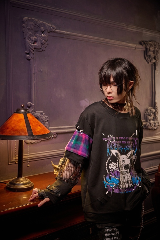 Jillpunk 可愛いパンク パラサイト兎 パンクロック ボーダー タータンチェック柄 漁網メッシュ ダメージ加工 ゆったり 取り外し可能な袖 長袖Tシャツ カットソー オリジナル メンズ レディー V系 おしゃれ カッコいい 男女兼用