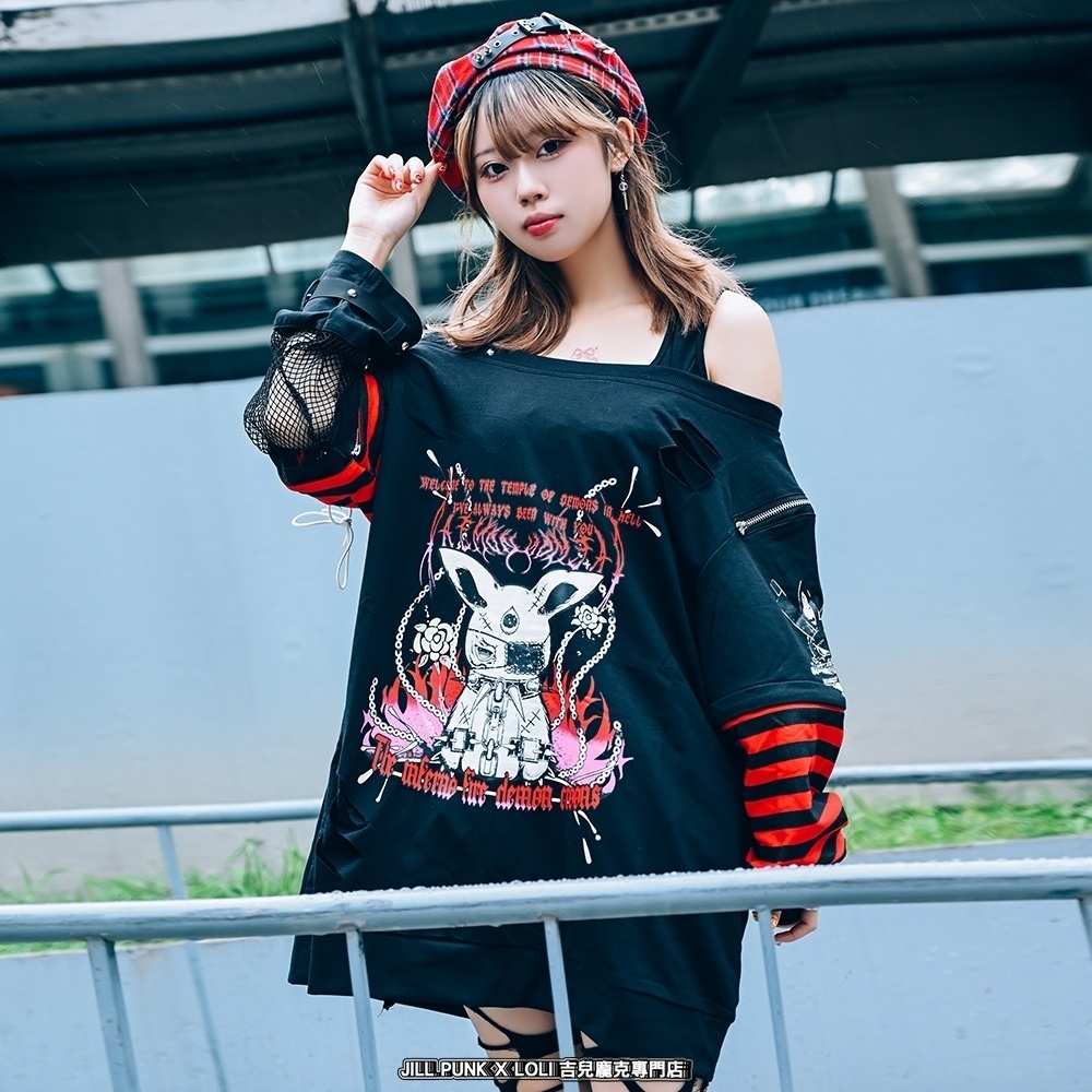 Jillpunk 可愛いパンク パラサイト兎 パンクロック ボーダー タータンチェック柄 漁網メッシュ ダメージ加工 ゆったり 取り外し可能な袖 長袖Tシャツ カットソー オリジナル メンズ レディー V系 おしゃれ カッコいい 男女兼用