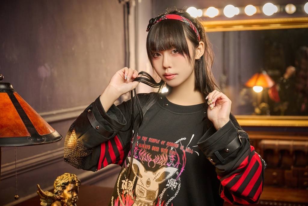 Jillpunk 可愛いパンク パラサイト兎 パンクロック ボーダー タータンチェック柄 漁網メッシュ ダメージ加工 ゆったり 取り外し可能な袖 長袖Tシャツ カットソー オリジナル メンズ レディー V系 おしゃれ カッコいい 男女兼用