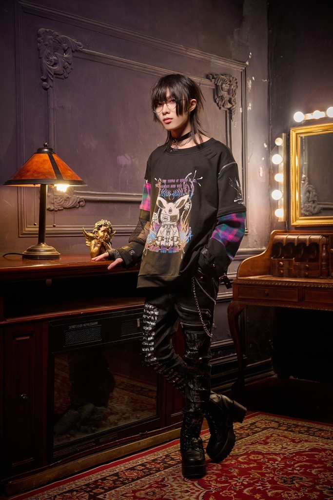 Jillpunk 可愛いパンク パラサイト兎 パンクロック ボーダー タータンチェック柄 漁網メッシュ ダメージ加工 ゆったり 取り外し可能な袖 長袖Tシャツ カットソー オリジナル メンズ レディー V系 おしゃれ カッコいい 男女兼用