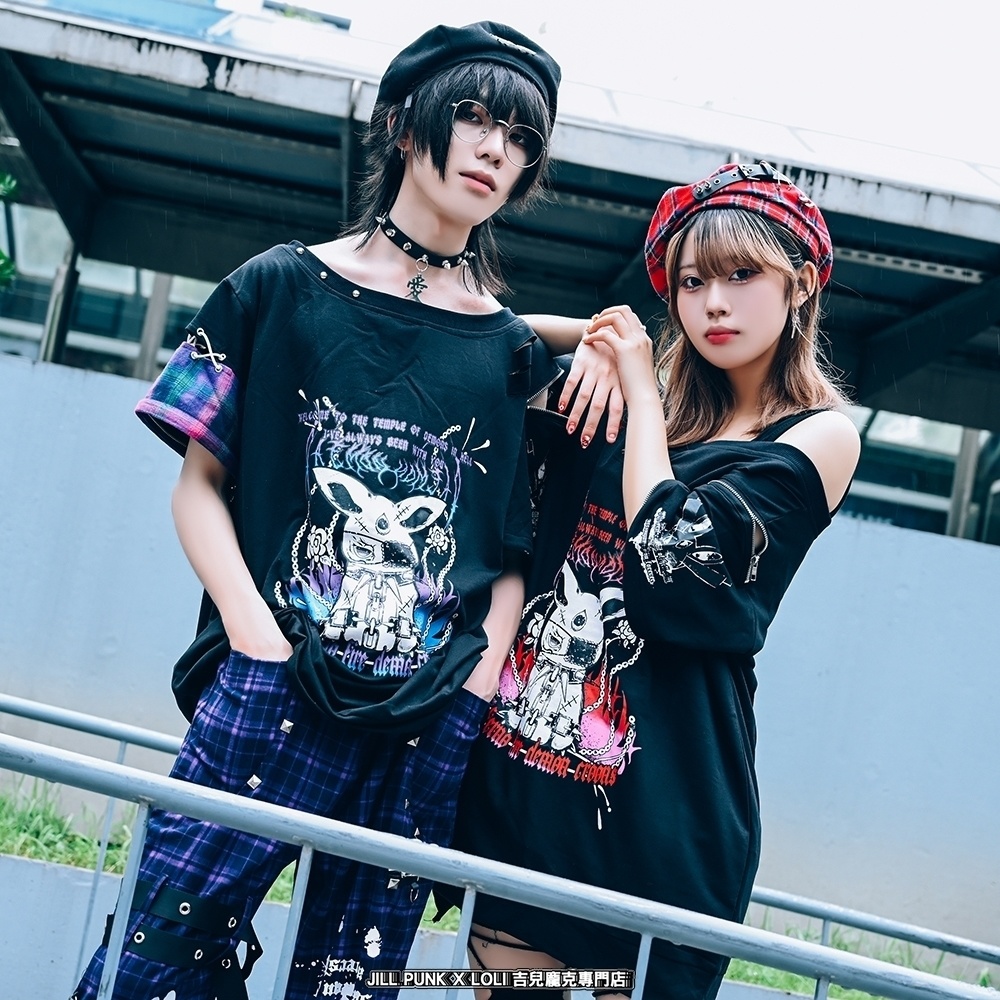 Jillpunk 可愛いパンク パラサイト兎 パンクロック ボーダー タータンチェック柄 漁網メッシュ ダメージ加工 ゆったり 取り外し可能な袖 長袖Tシャツ カットソー オリジナル メンズ レディー V系 おしゃれ カッコいい 男女兼用