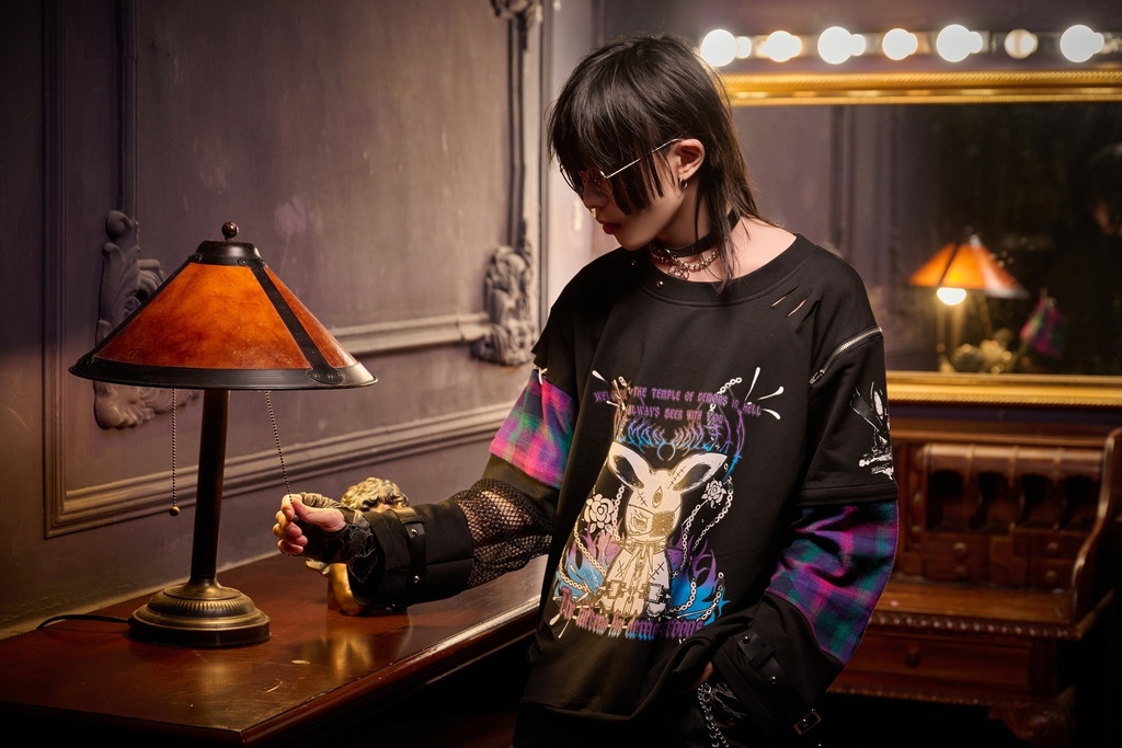 Jillpunk 可愛いパンク パラサイト兎 パンクロック ボーダー タータンチェック柄 漁網メッシュ ダメージ加工 ゆったり 取り外し可能な袖 長袖Tシャツ カットソー オリジナル メンズ レディー V系 おしゃれ カッコいい 男女兼用