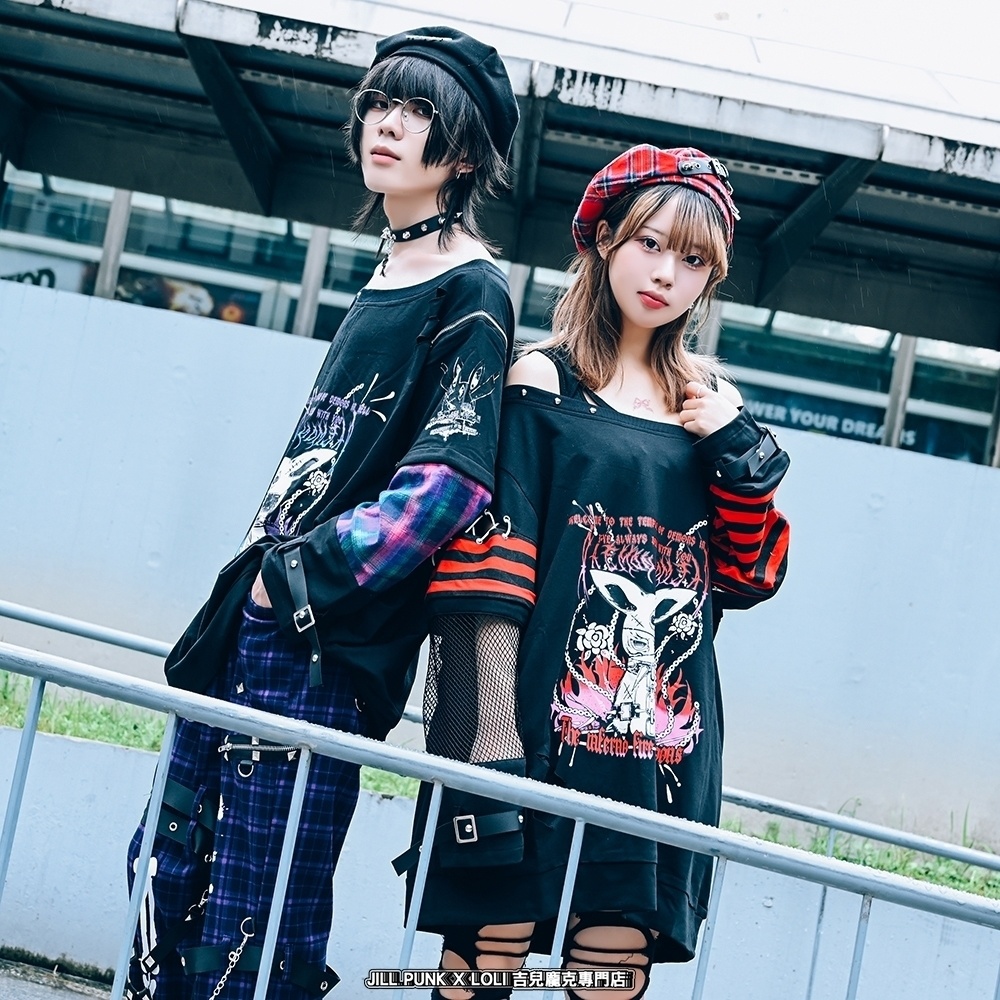 Jillpunk 可愛いパンク パラサイト兎 パンクロック ボーダー タータンチェック柄 漁網メッシュ ダメージ加工 ゆったり 取り外し可能な袖 長袖Tシャツ カットソー オリジナル メンズ レディー V系 おしゃれ カッコいい 男女兼用