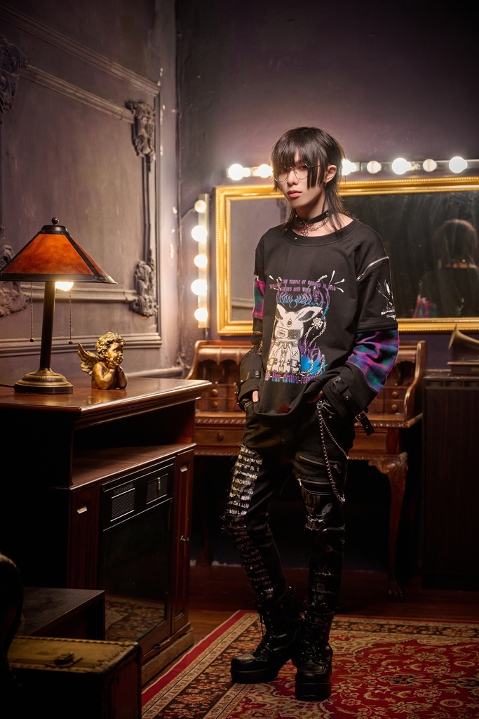 Jillpunk 可愛いパンク パラサイト兎 パンクロック ボーダー タータンチェック柄 漁網メッシュ ダメージ加工 ゆったり 取り外し可能な袖 長袖Tシャツ カットソー オリジナル メンズ レディー V系 おしゃれ カッコいい 男女兼用