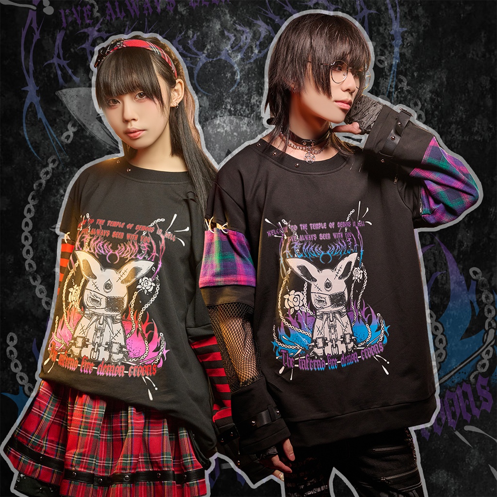 Jillpunk 可愛いパンク パラサイト兎 パンクロック ボーダー タータンチェック柄 漁網メッシュ ダメージ加工 ゆったり 取り外し可能な袖 長袖Tシャツ カットソー オリジナル メンズ レディー V系 おしゃれ カッコいい 男女兼用