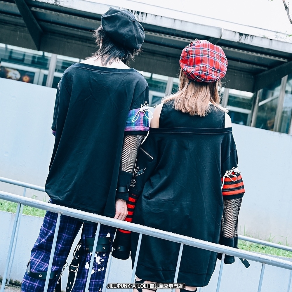 Jillpunk 可愛いパンク パラサイト兎 パンクロック ボーダー タータンチェック柄 漁網メッシュ ダメージ加工 ゆったり 取り外し可能な袖 長袖Tシャツ カットソー オリジナル メンズ レディー V系 おしゃれ カッコいい 男女兼用