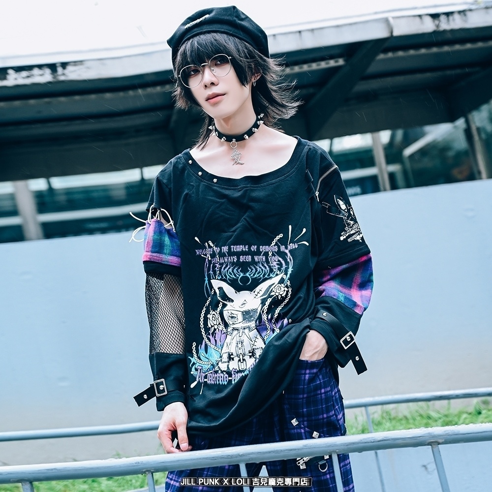Jillpunk 可愛いパンク パラサイト兎 パンクロック ボーダー タータンチェック柄 漁網メッシュ ダメージ加工 ゆったり 取り外し可能な袖 長袖Tシャツ カットソー オリジナル メンズ レディー V系 おしゃれ カッコいい 男女兼用