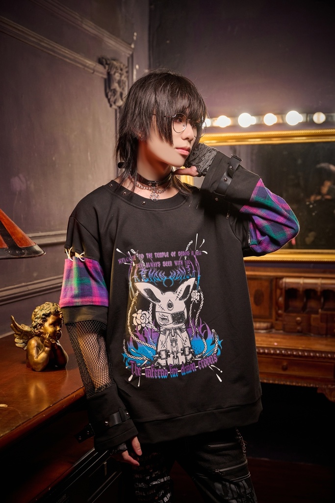 Jillpunk 可愛いパンク パラサイト兎 パンクロック ボーダー タータンチェック柄 漁網メッシュ ダメージ加工 ゆったり 取り外し可能な袖 長袖Tシャツ カットソー オリジナル メンズ レディー V系 おしゃれ カッコいい 男女兼用
