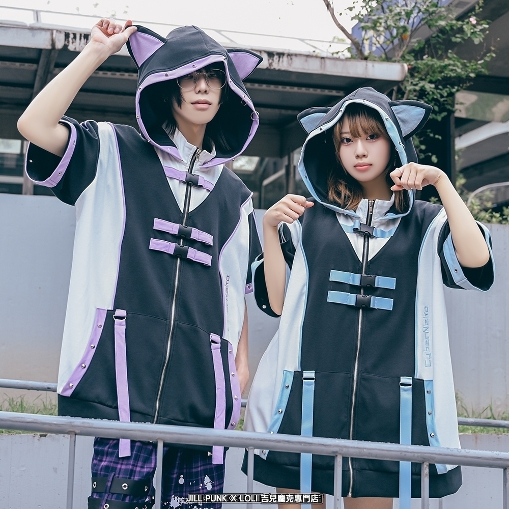 Jillpunk アニメ界隈 サバゲー テック 電脳サイバー サイバー猫 サブカル 水色 二次コン パステル色ベルト 取り外し可能な袖 ゆったり 猫耳長袖パーカー フード付きジャケット オリジナル 可愛いい 男女兼用カッコいい おしゃれ