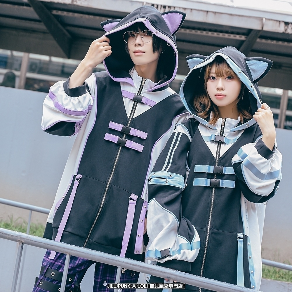 Jillpunk アニメ界隈 サバゲー テック 電脳サイバー サイバー猫 サブカル 水色 二次コン パステル色ベルト 取り外し可能な袖 ゆったり 猫耳長袖パーカー フード付きジャケット オリジナル 可愛いい 男女兼用カッコいい おしゃれ