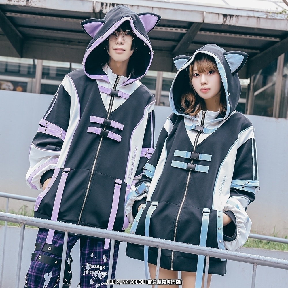 Jillpunk アニメ界隈 サバゲー テック 電脳サイバー サイバー猫 サブカル 水色 二次コン パステル色ベルト 取り外し可能な袖 ゆったり 猫耳長袖パーカー フード付きジャケット オリジナル 可愛いい 男女兼用カッコいい おしゃれ