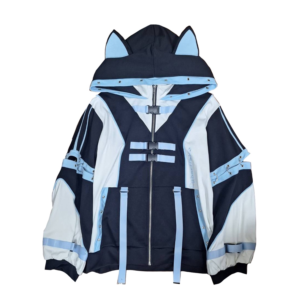 Jillpunk アニメ界隈 サバゲー テック 電脳サイバー サイバー猫 サブカル 水色 二次コン パステル色ベルト 取り外し可能な袖 ゆったり 猫耳長袖パーカー フード付きジャケット オリジナル 可愛いい 男女兼用カッコいい おしゃれ